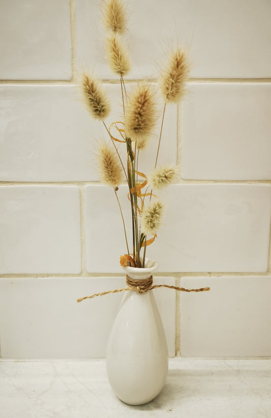 Homegrown bunny tails in white vase PICKUP ONLY