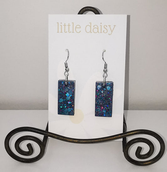 Blue Sparkly Rectangle Dangle Earrings