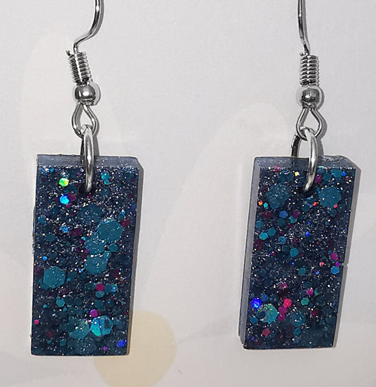Blue Sparkly Rectangle Dangle Earrings