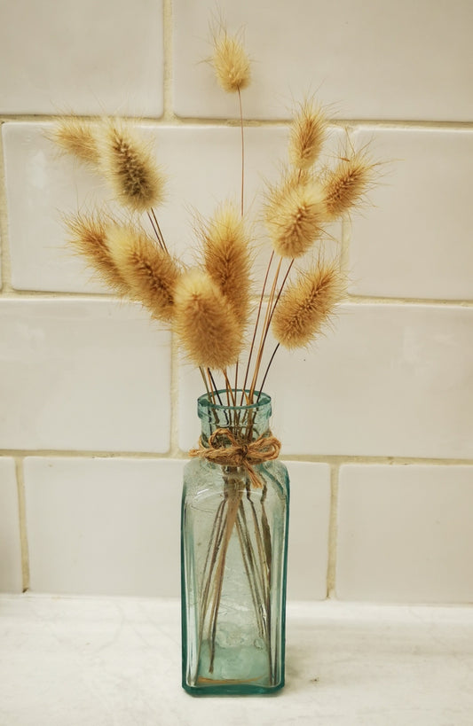 Homegrown bunny tails in blue glass bottle PICKUP ONLY