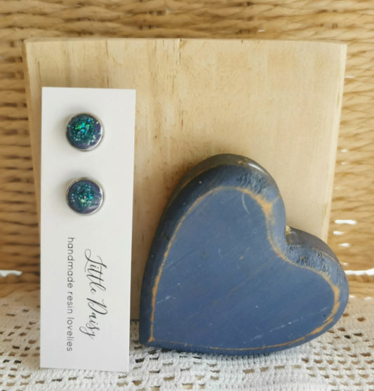 Crystal Ice & Green Glitter Bezel Stud Earrings