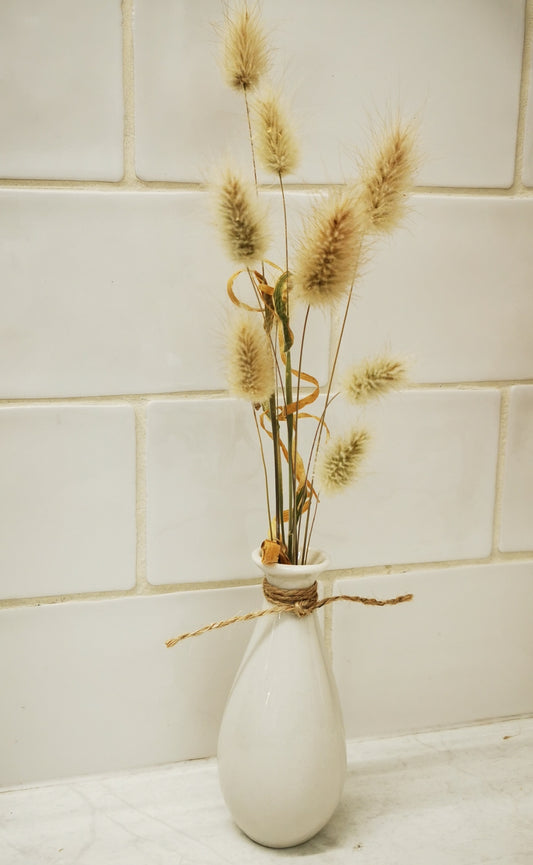 Homegrown bunny tails in white vase PICKUP ONLY